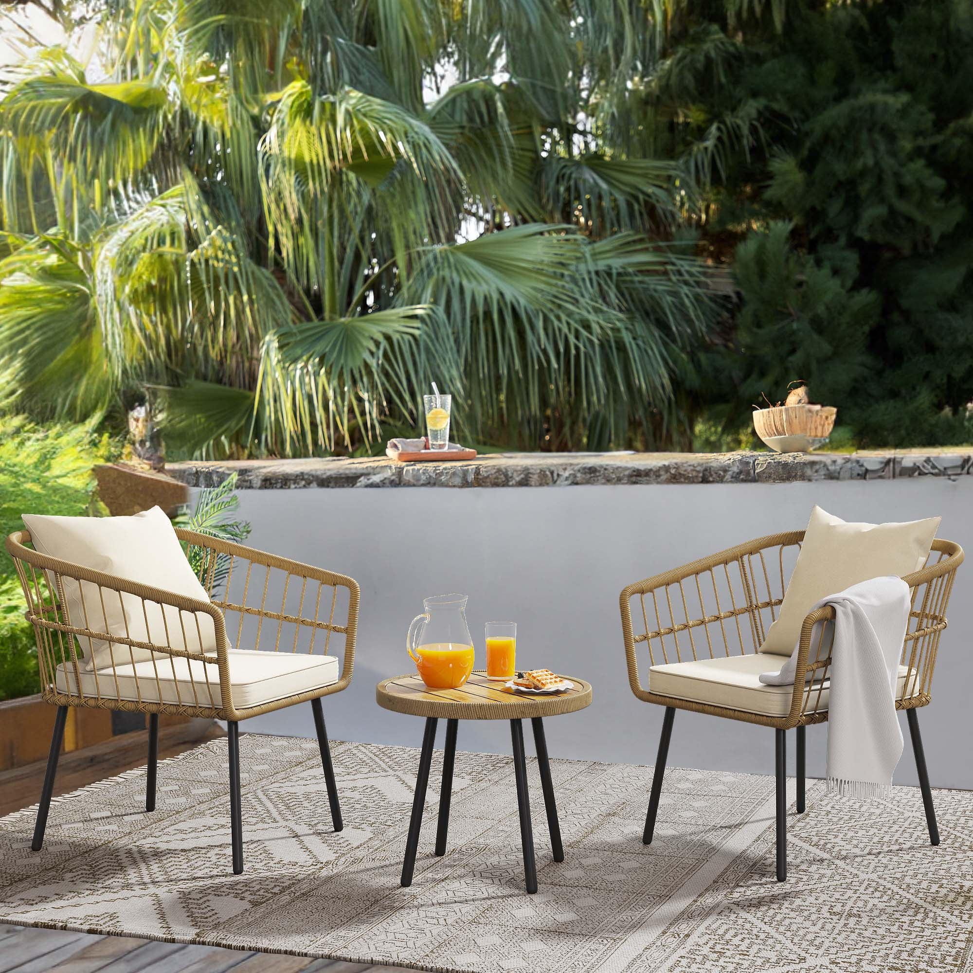 Dextrus 3 Piece Outdoor Wicker Furniture Patio Bistro Set, PE Rattan Wicker Chairs Set with Table and Cushions