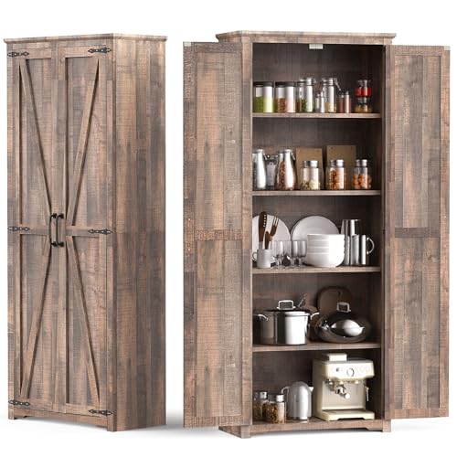 72" Tall Farmhouse Kitchen Pantry Cabinet, Large Storage Cabinet with 6 Adjustable Shelves, 4 Barn Doors & Drawer for Bathroom, Dining Room, Brown