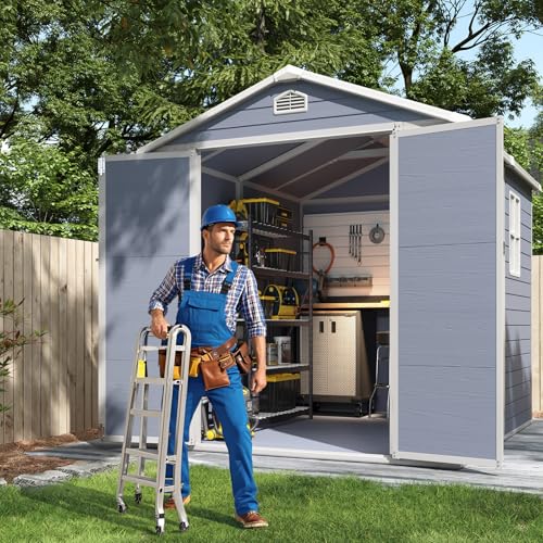Aoxun 6 x 8 FT Outdoor Storage Shed with Window, Resin Shed with Floor & Lockable Doors