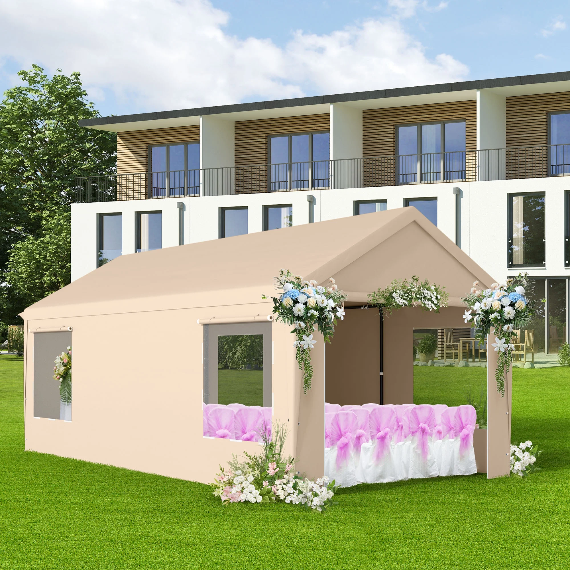 SERWALL 12 x 20 ft Heavy Duty Steel Car Carport Canopy Tents with Window for Outside Party, Beige