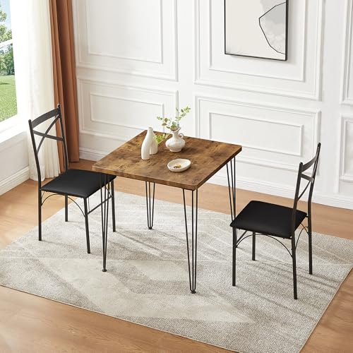 VECELO Kitchen Dining Room Table Set with 2 Chairs for Small Space, Apartment,Metal Steel Frame
