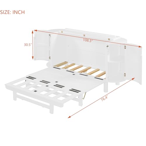 Queen Size Farmhouse Murphy Bed Cabinet with Charging Station, Foldable Platform Bed Frame with 2 Storage Drawers