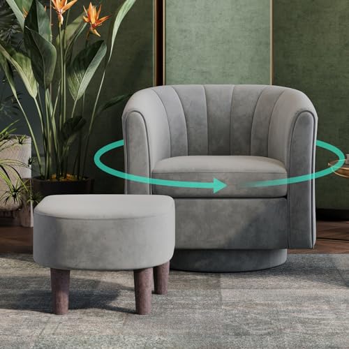 LINSY Swivel Accent Chair Ottoman Set: Velvet Small Barrel Chair with Foot Rest