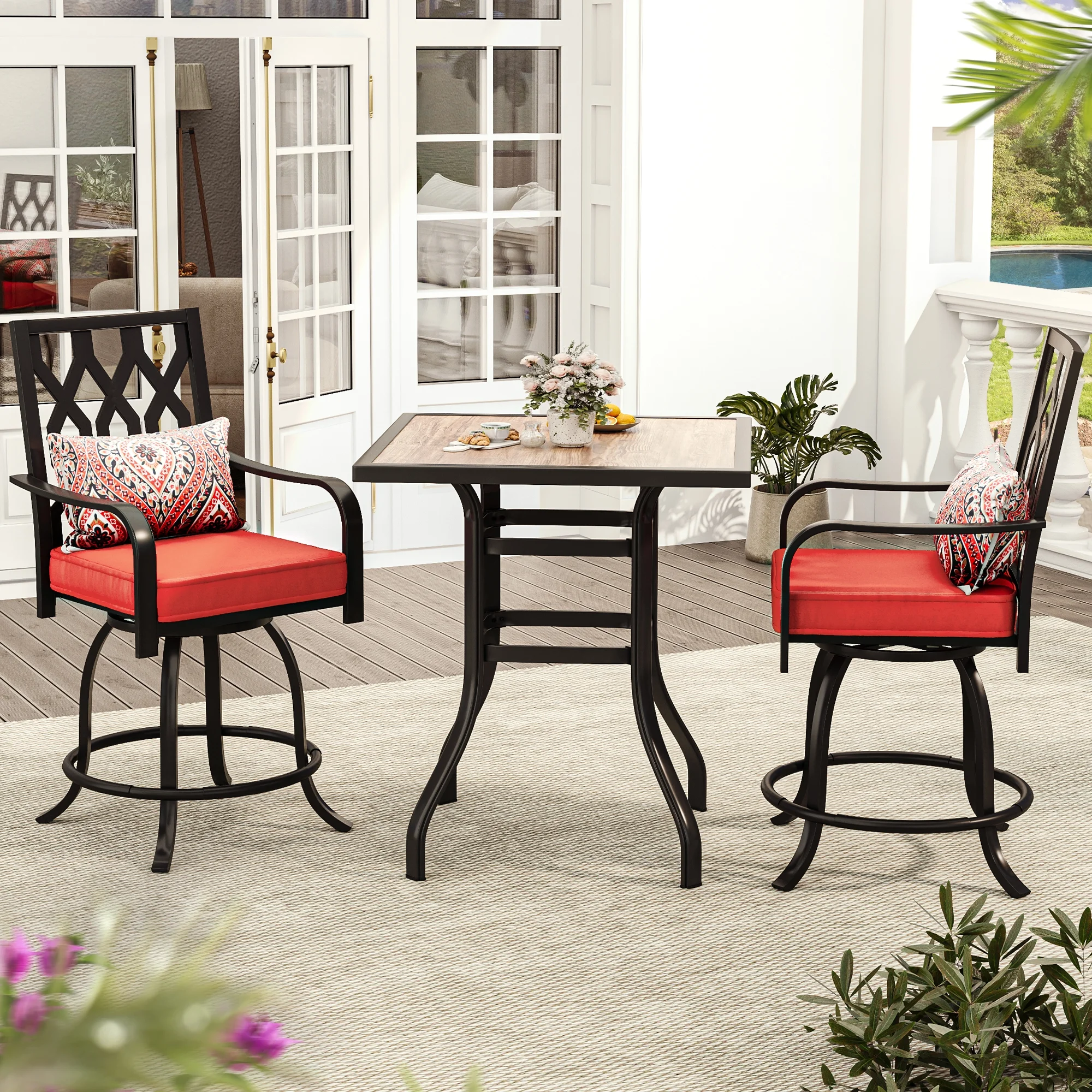 Dextrus 3-Piece Outdoor Bar Set, Weather Resistant Bar Height Patio Furniture Ensemble, 32'' Patio Height Bar Table and Bar Stools Set of 2 - Red