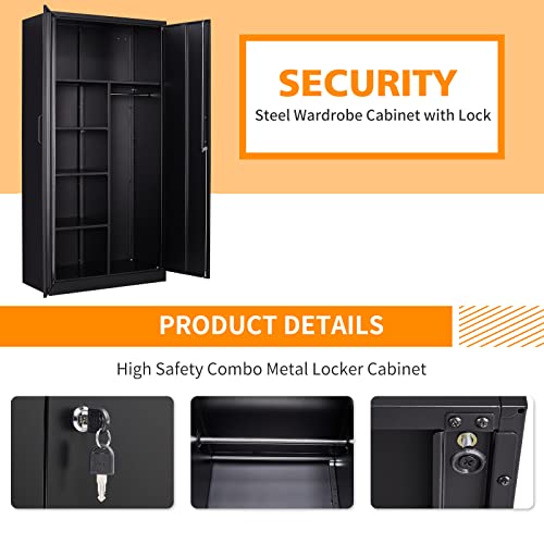 MIIIKO Steel Cabinet Wardrobe, Metal Locker Cabinet with Hanging Rod, Metal Clothing Locker Storage for Home, Office, Garage and Changing Room