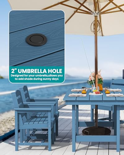 SERWALL Outdoor HDPE Dining Table Set, 7-Piece Outdoor Dining Table Sets with Umbrella Hole Cut-Out Table and 6 Chairs, Gray