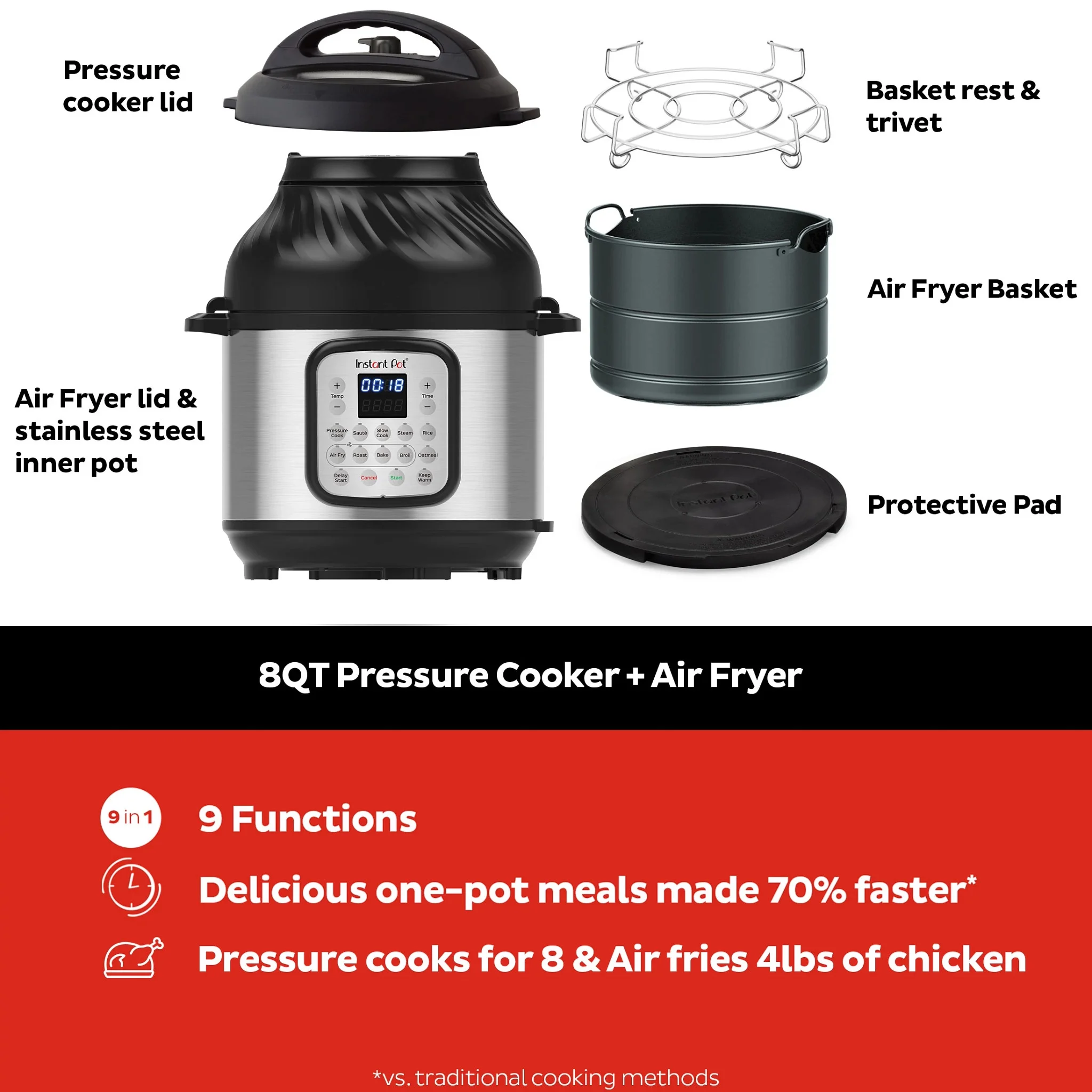 Instant Pot 8 Quart Crisp Multi-Cooker + Air Fryer, 9-in-1: Pressure Cook, Steam, Slow Cook, Sauté, Air Fry, Bake, Broil, Roast, Keep Warm, Rice