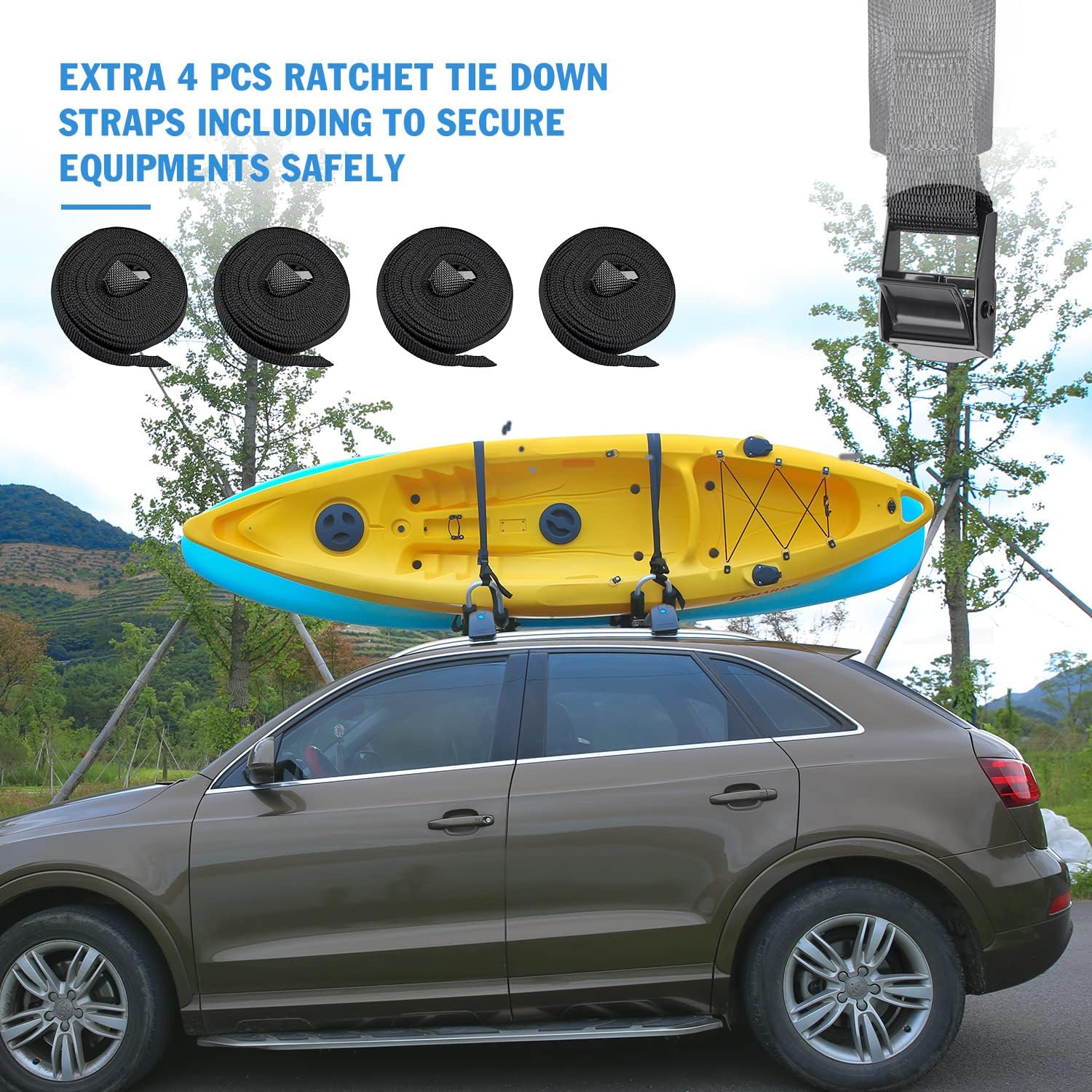 Kayak Roof Rack for 2 Kayaks, J-Style Folding Support Adjustable Bilateral on Roof Top on SUV