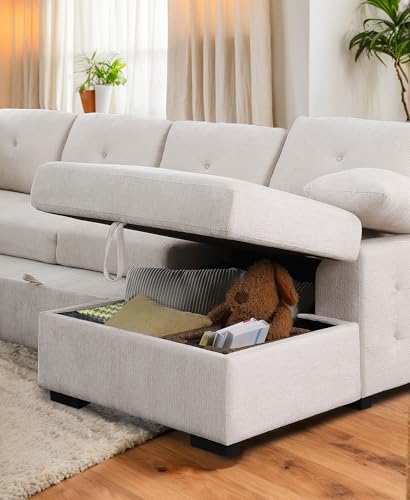 L-Shaped Pull Out Sleep Sofabed,Modern Reversible Sleeper Sectional Sofa Chenille Upholstered Button Tufted Decor with Storage Chaise