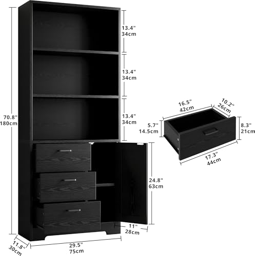 IRONCK Bookshelf with Door and 3 Drawers, 71in Tall Bookcase Shelf with 3-Tier Shelves, for Bedroom Living Room Entrance Hallway Home Office