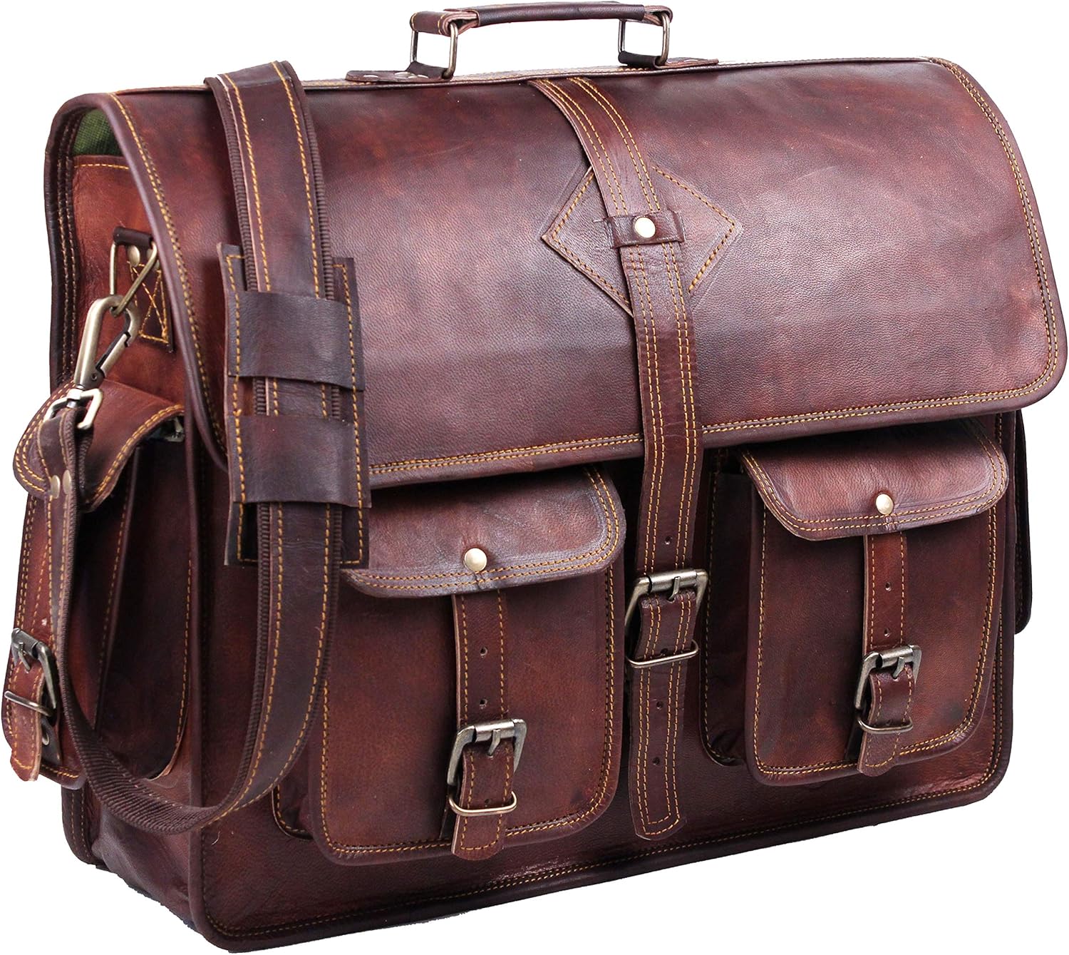Vintage Leather Laptop Bag for Men Full Grain Large Leather Messenger bag for men 18 inches with rustic look Best leather briefcase by Hulsh