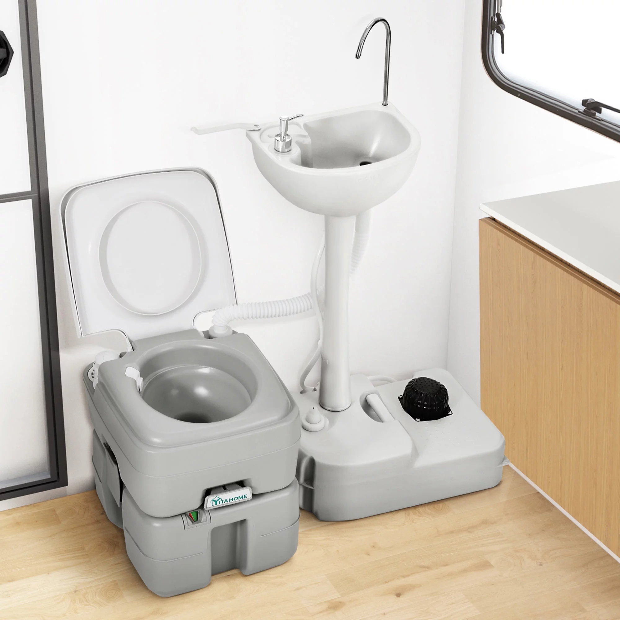 Dextrus 5.3 Gallon Portable Toilet and 17L Portable Camping Sink Hand Wash Basin Station & Flush Potty for Outdoor,Camping, RV Toilet