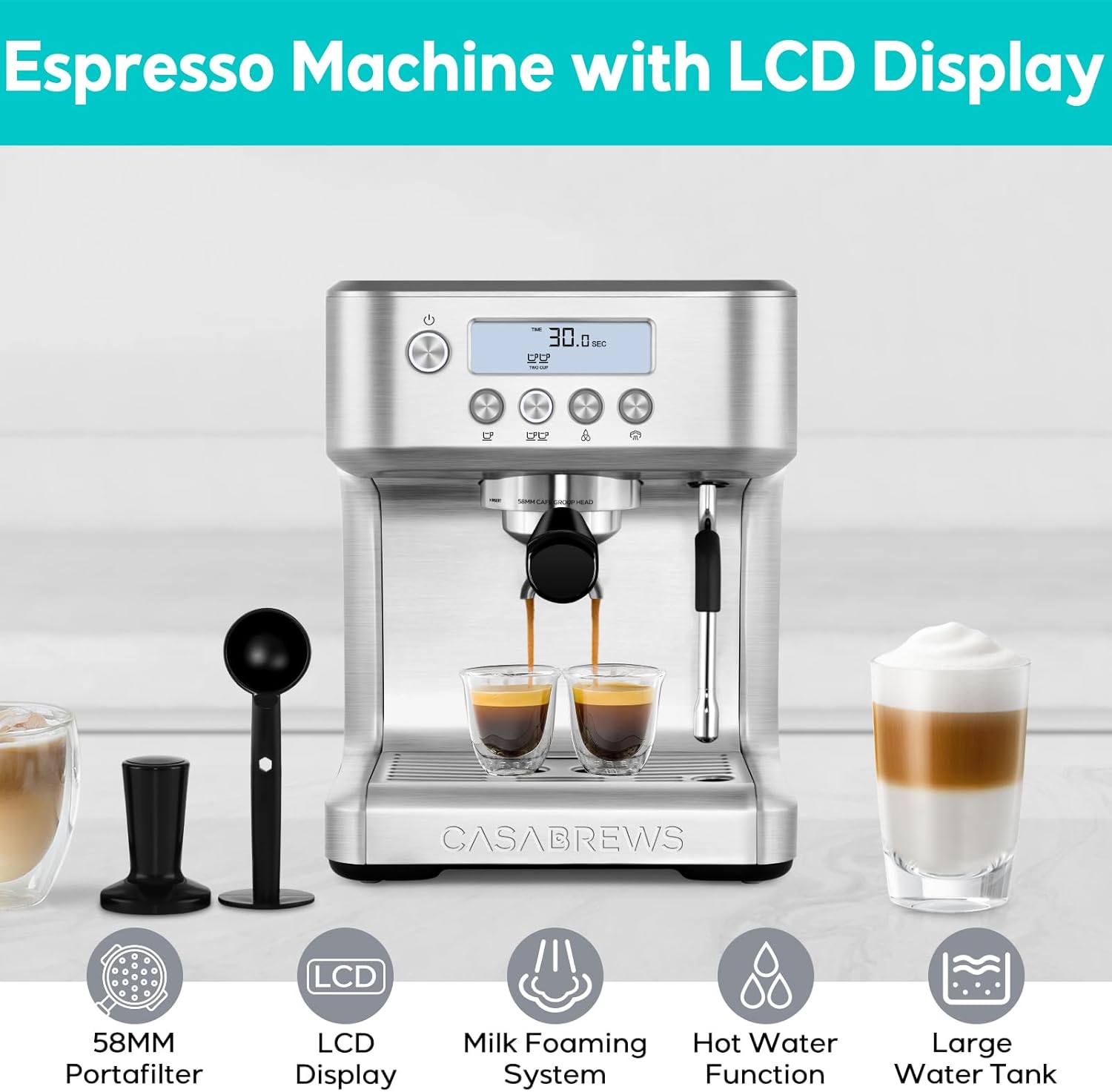 CASABREWS Espresso Machine with LCD Display, Barista Cappuccino Maker with Milk Frother Steam Wand