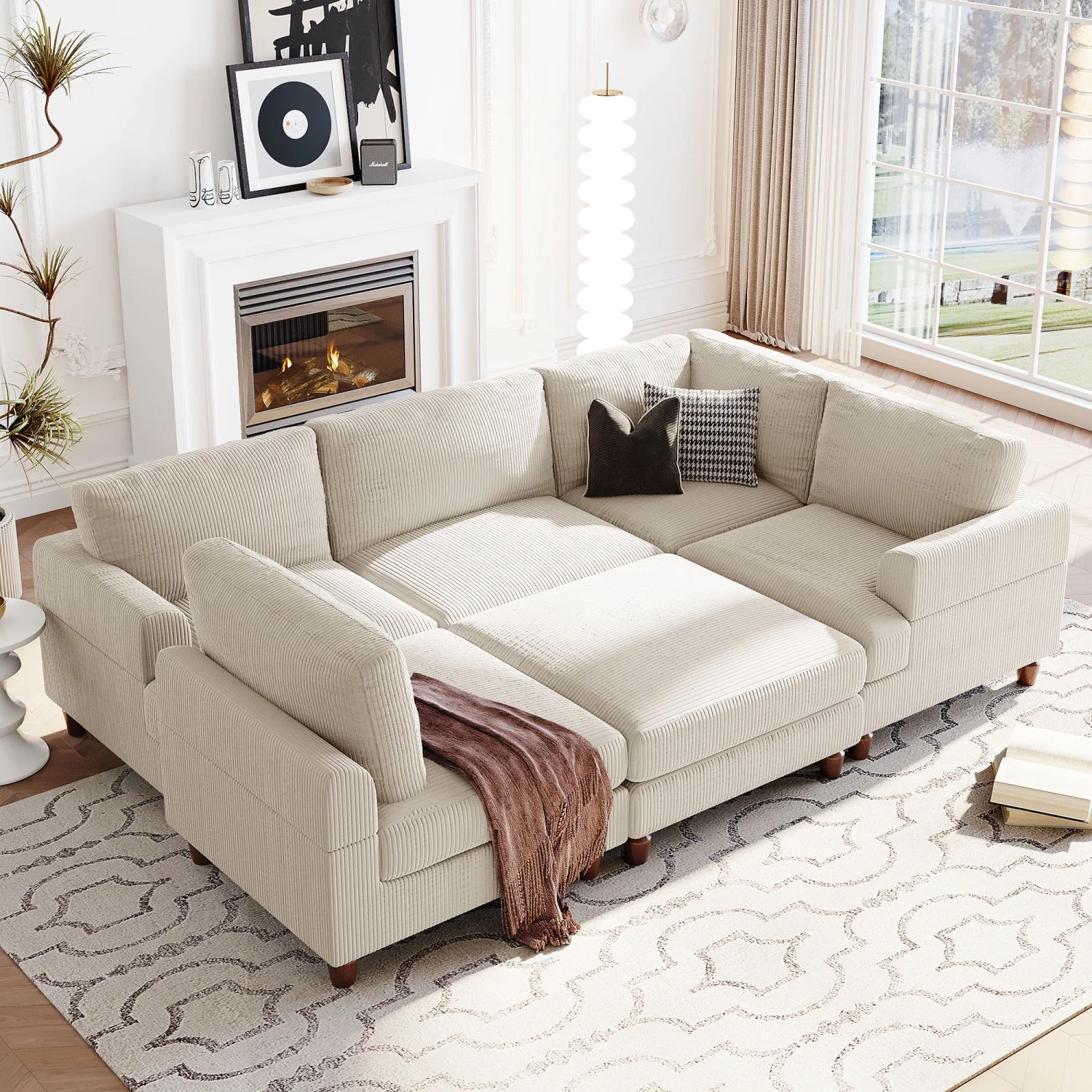 Churanty Modular Sectional Sofa with Ottoman,Oversized 3 Seat Free Combination Corduroy Couch Sofa with Chaise for Living Room,Beige