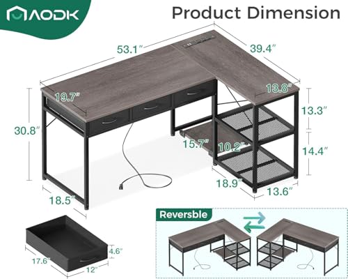 AODK 53 Inch L Shaped Computer Desk with Drawers, Corner Desk with Power Outlets & Reversible Storage Shelves
