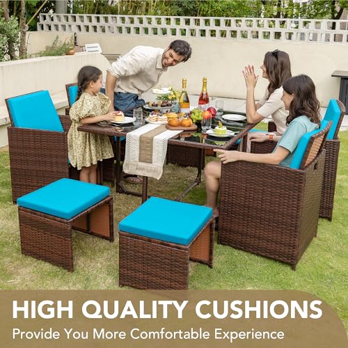 Devoko 9 Pieces Patio Dining Sets Outdoor Space Saving Rattan Chairs with Glass Table Patio Furniture Sets Cushioned Seating and Back Sectional