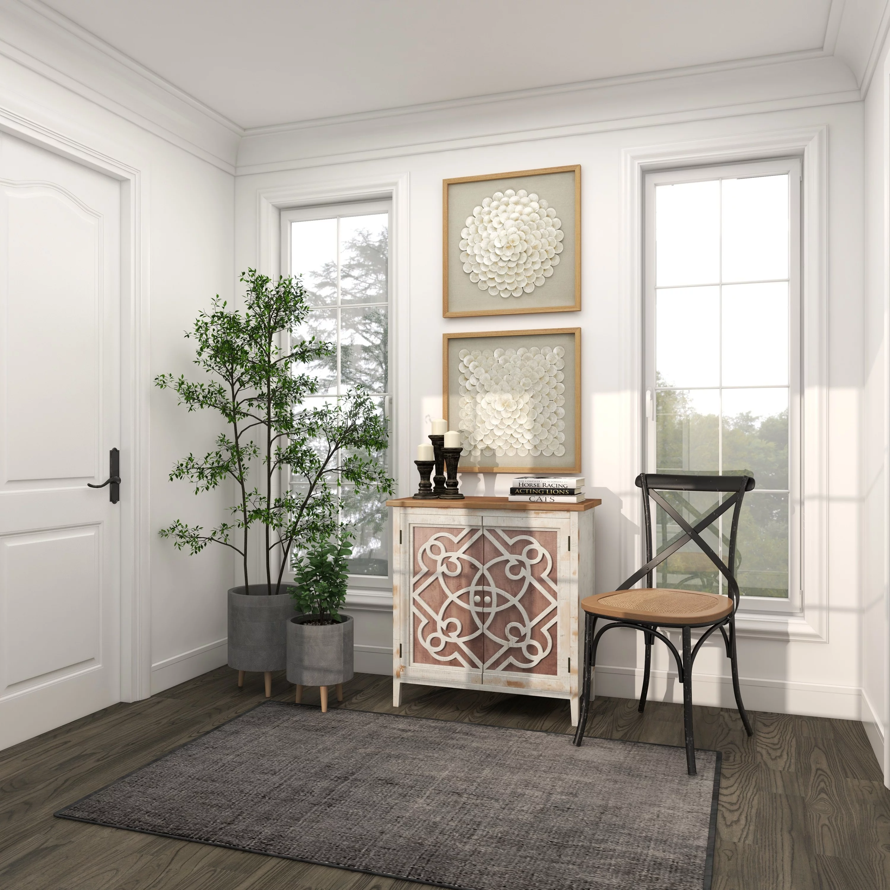 DecMode 28" x 31" Light Brown Wood 1 Shelf and 2 Door Geometric Cabinet with Carved Relief Overlay, 1-Piece