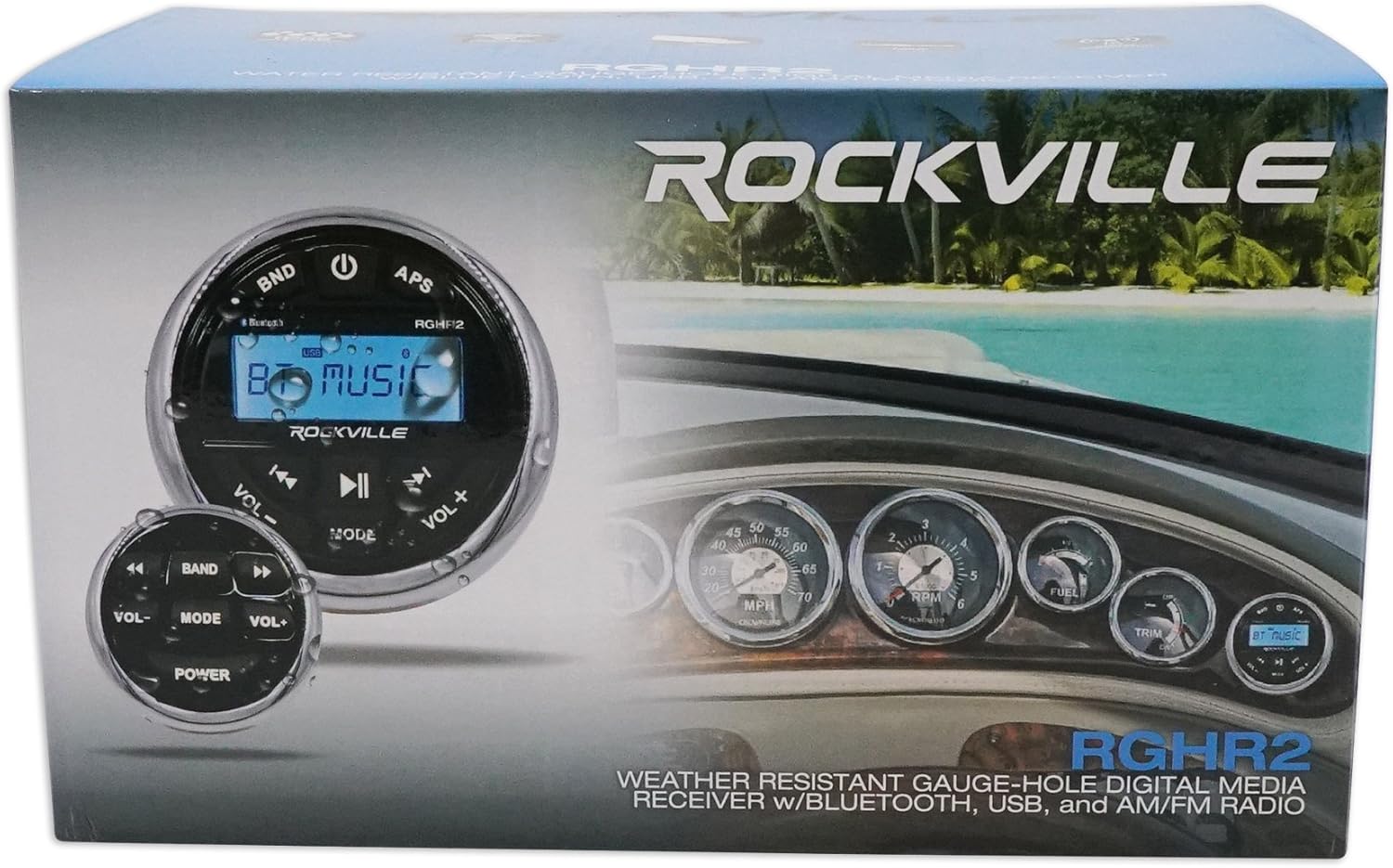 Rockville RGHR2 Marine Gauge Hole Receiver W Bluetooth USB, Radio + Wired Remote