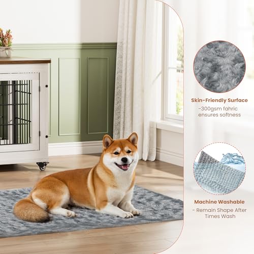 Lulive Dog Crate Furniture for Medium Dogs, 32'' Dog Kennel Indoor with Cushion & Wheels Wooden Dog Cage Double Doors Dog Crate End Table, Grey
