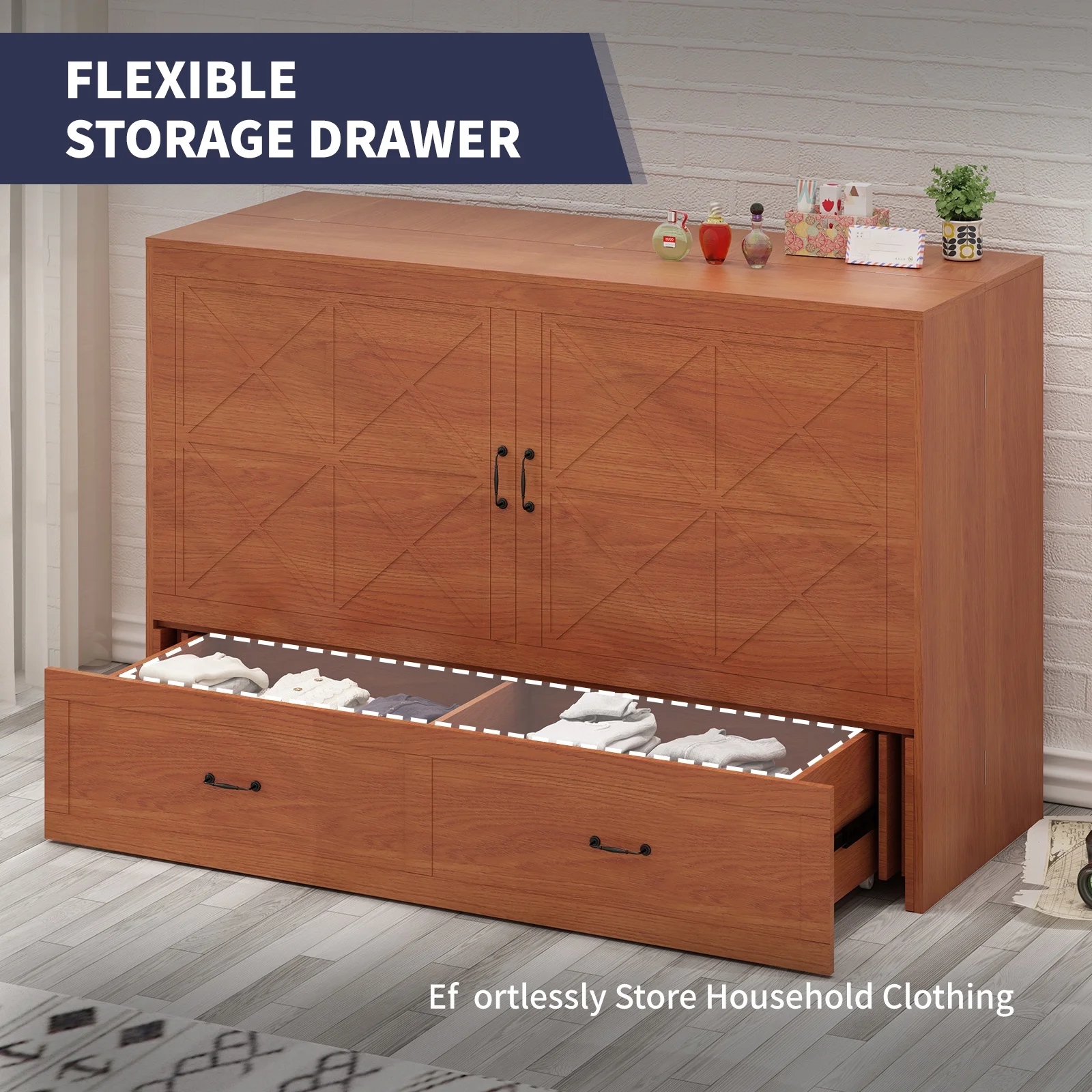 ijuicy Murphy Bed Cabinet with Built-in Charging Station and Storage Drawer, Solid Wood Cabinet Bed Queen Size with Mattress