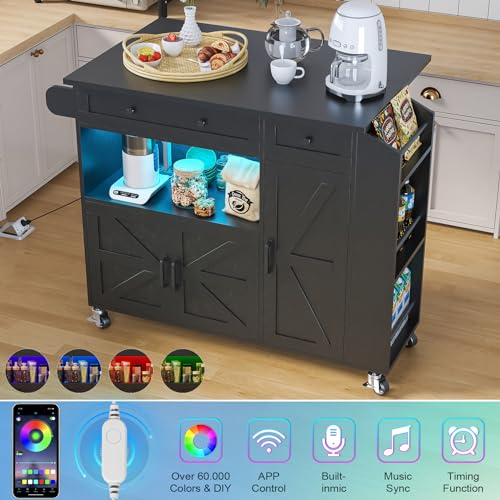 Kitchen Island with Drop Leaf, Rolling kitchen island with power outlet and Led Light, Kitchen Island with Storage Cabinet, Spice Rack, Drawer