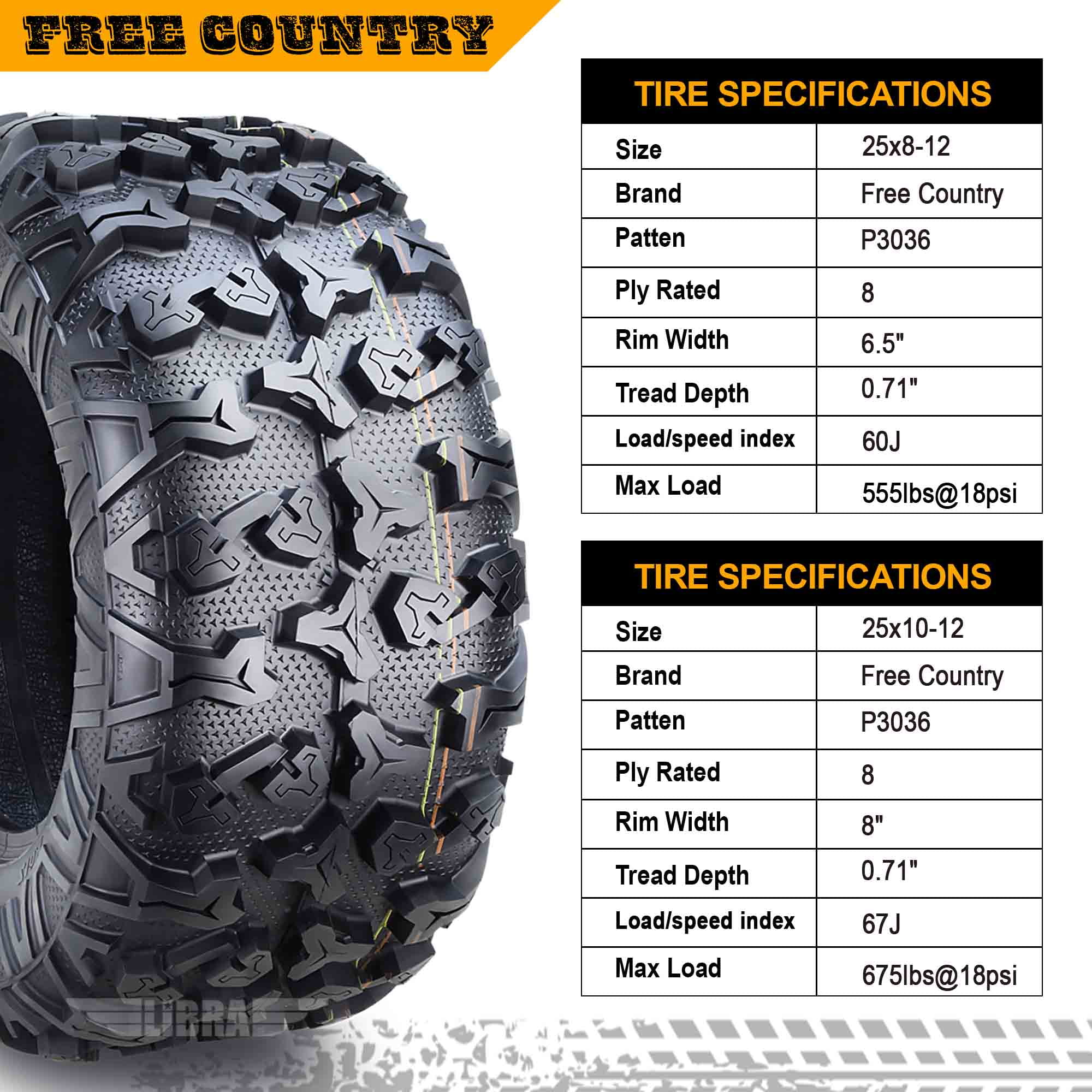 FREE COUNTRY 8PR Premium ATV Tires 25x8x12 & 25x10x12 fit 04-20 Yamaha KODIAK 400 450