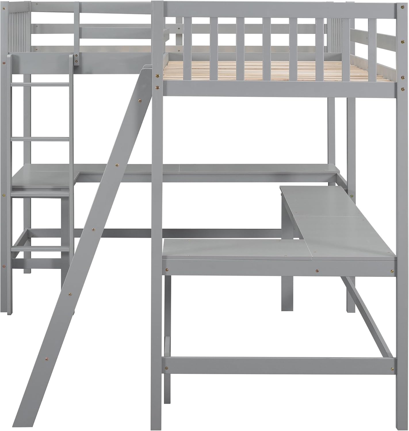 L-Shaped Double Twin Size Loft Beds for 2, Wooden Double High Loft Bed Frame with 2 Built-in Desks and Ladder for Kids, Teens, Adults, Gray