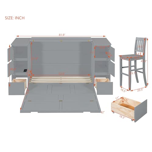 Twin Size Murphy Beds with Charging Station and Storage Drawers, Wood Cabinet Bed Frame, Wall Bed with Outlet & USB Ports for Home Office Studio