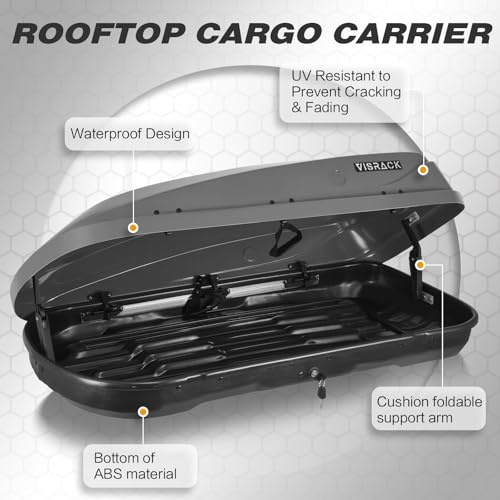 Gray Rooftop Cargo Box Carrier Large 13 Cubic Feet Car Top Mount Travel Luggage Storage, Dual Side Opening
