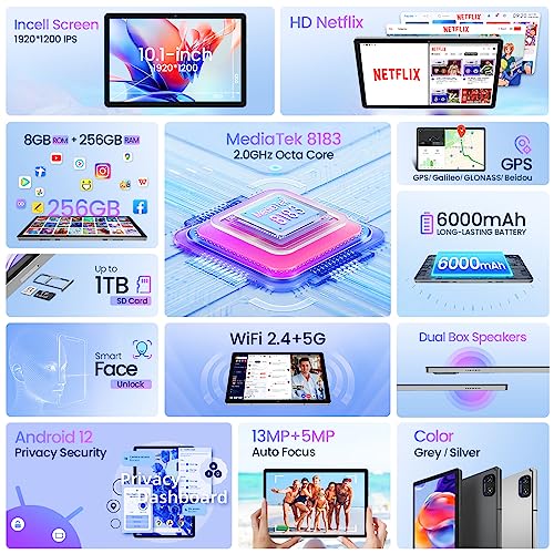 2024 Newest 2 In 1 Tablet,10.1 Inch Android 12 Tablet with Keyboard,128GB Storage 1TB Expand with Case Mouse Stylus,2.0GHz Octa Core