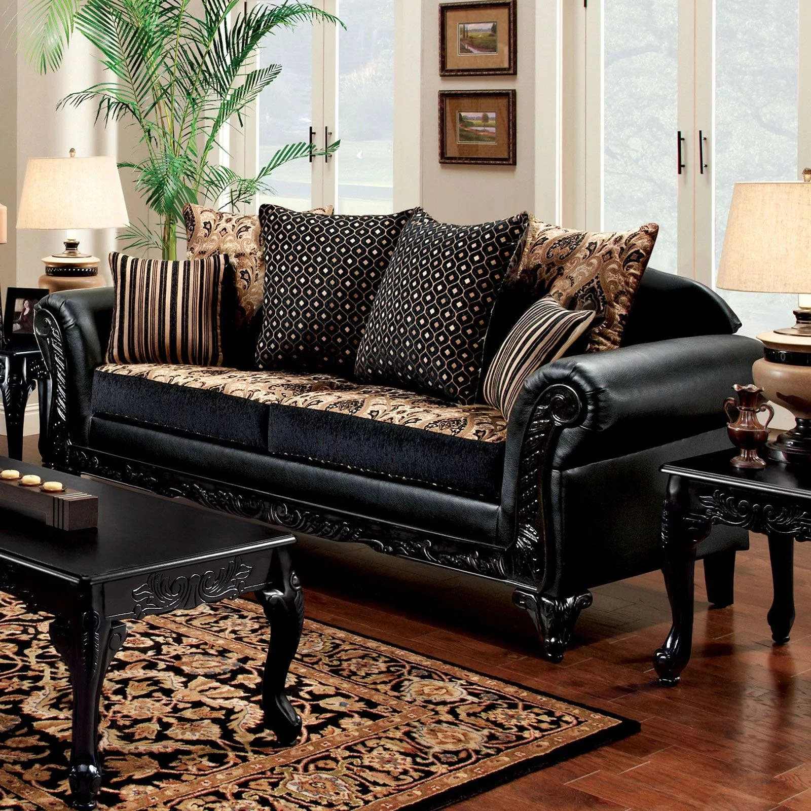 Traditional Black & Tan Chenille Sofa and Loveseat Furniture of America Theodora