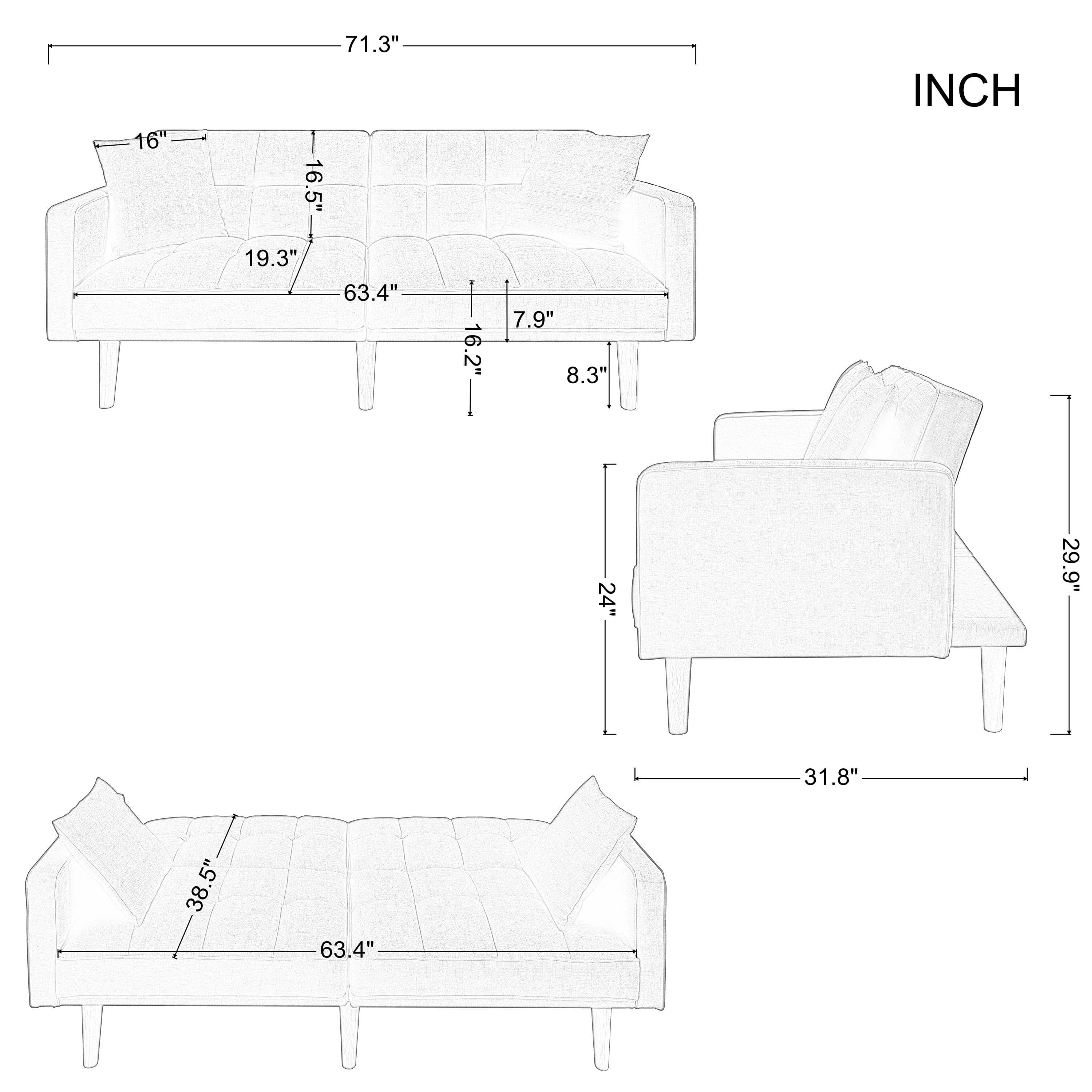BSHTI Futon Sofa bed, Featuring a split back, square arms, and tapered wood legs