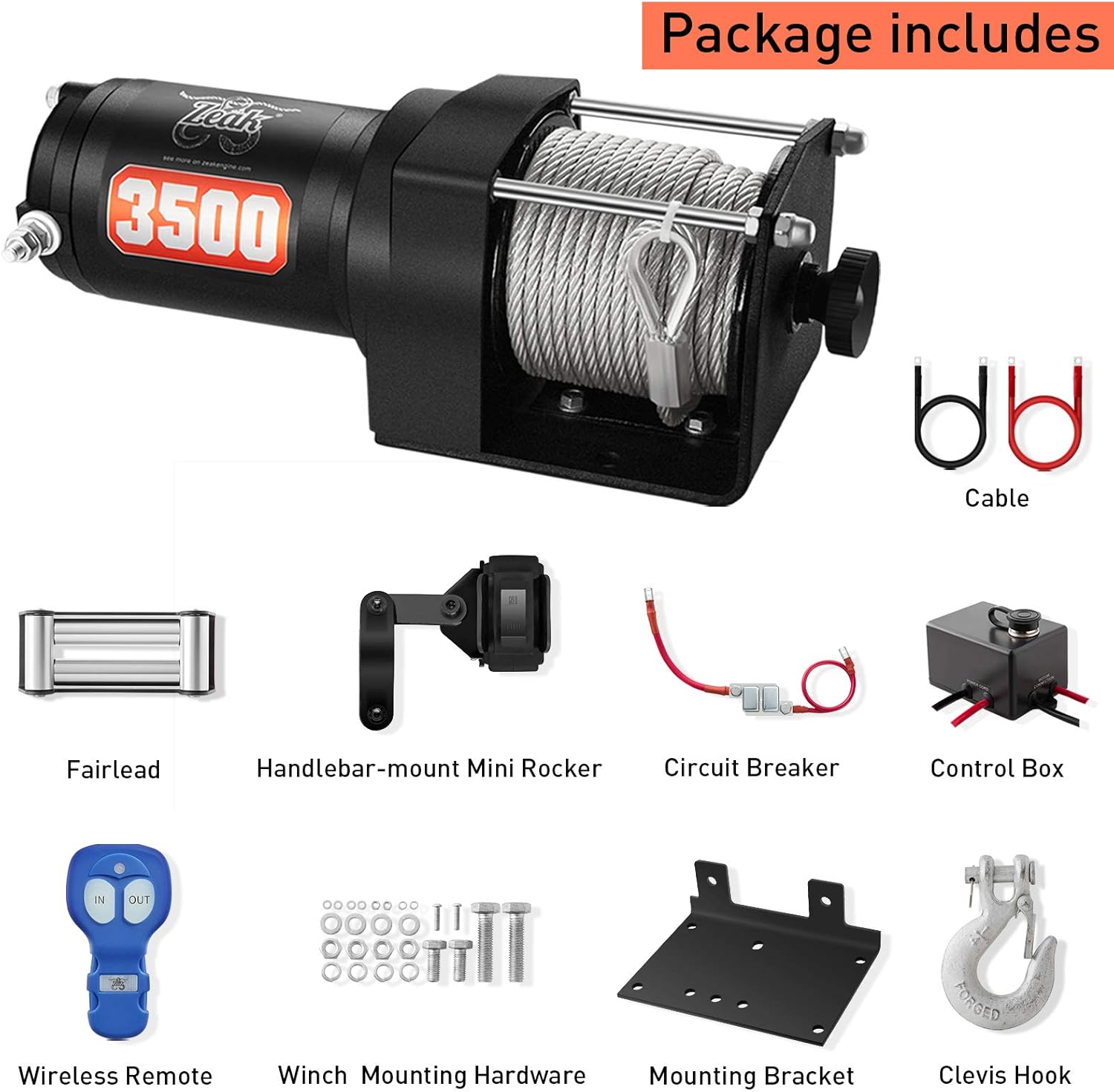 ZEAK 12V DC 3500 lb. ATV/UTV Electric Winch Kit, Steel Cable with Wireless Remote, Mini-Rocker, Bracket