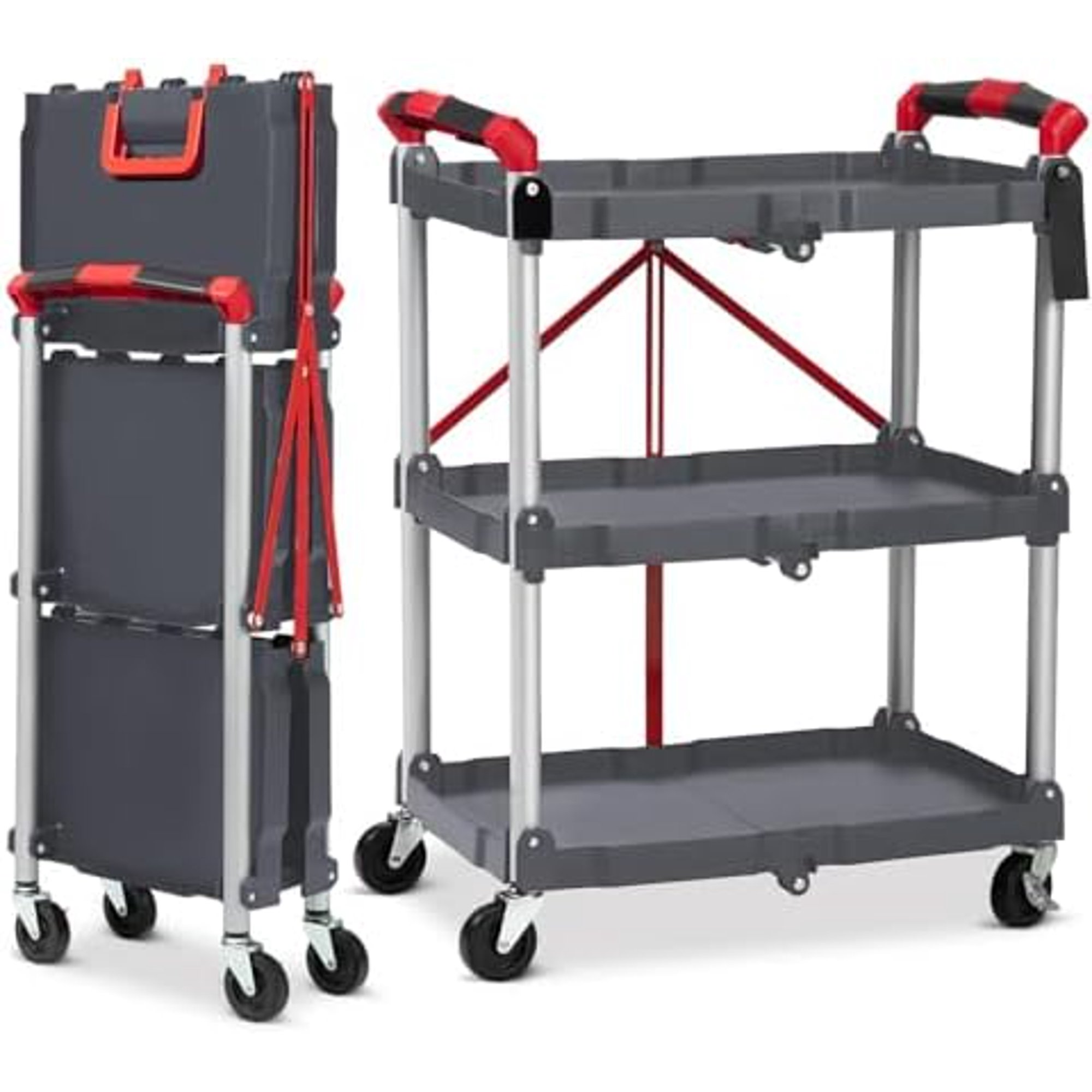 3-Tier Holds Foldable Utility Carts, Collapsible Service Rolling Carts with Wheels， for Home, Office, Garage