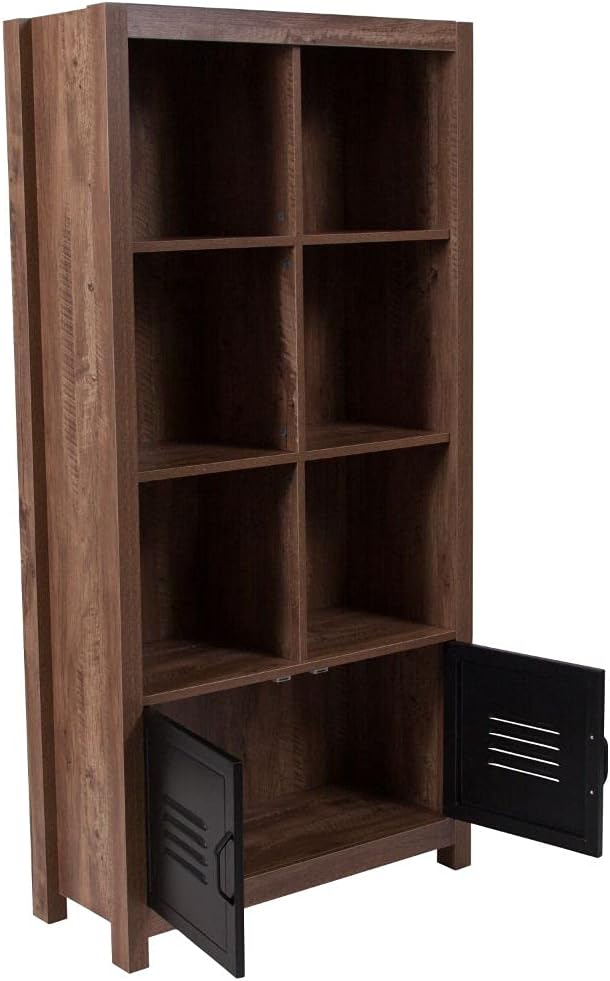Flash Furniture New Lancaster Collection 59.5H 6 Cube Storage Organizer Bookcase with Metal Cabinet Doors in Crosscut Oak Wood Grain Finish