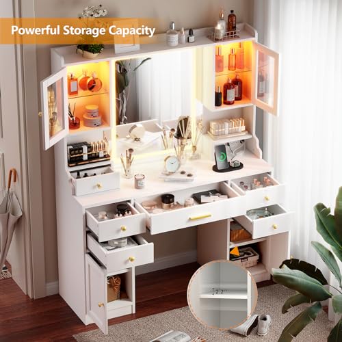 White Makeup Vanity Desk with Mirror and Lights, Large Vanity Table Set with Charging Station, Dressing Table with RGB Cabinets