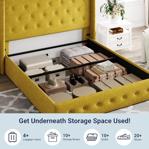 Allewie Full Size Lift Up Storage Bed, Modern Wingback Headboard, Hydraulic Support, No Box Spring Needed, Light Beige