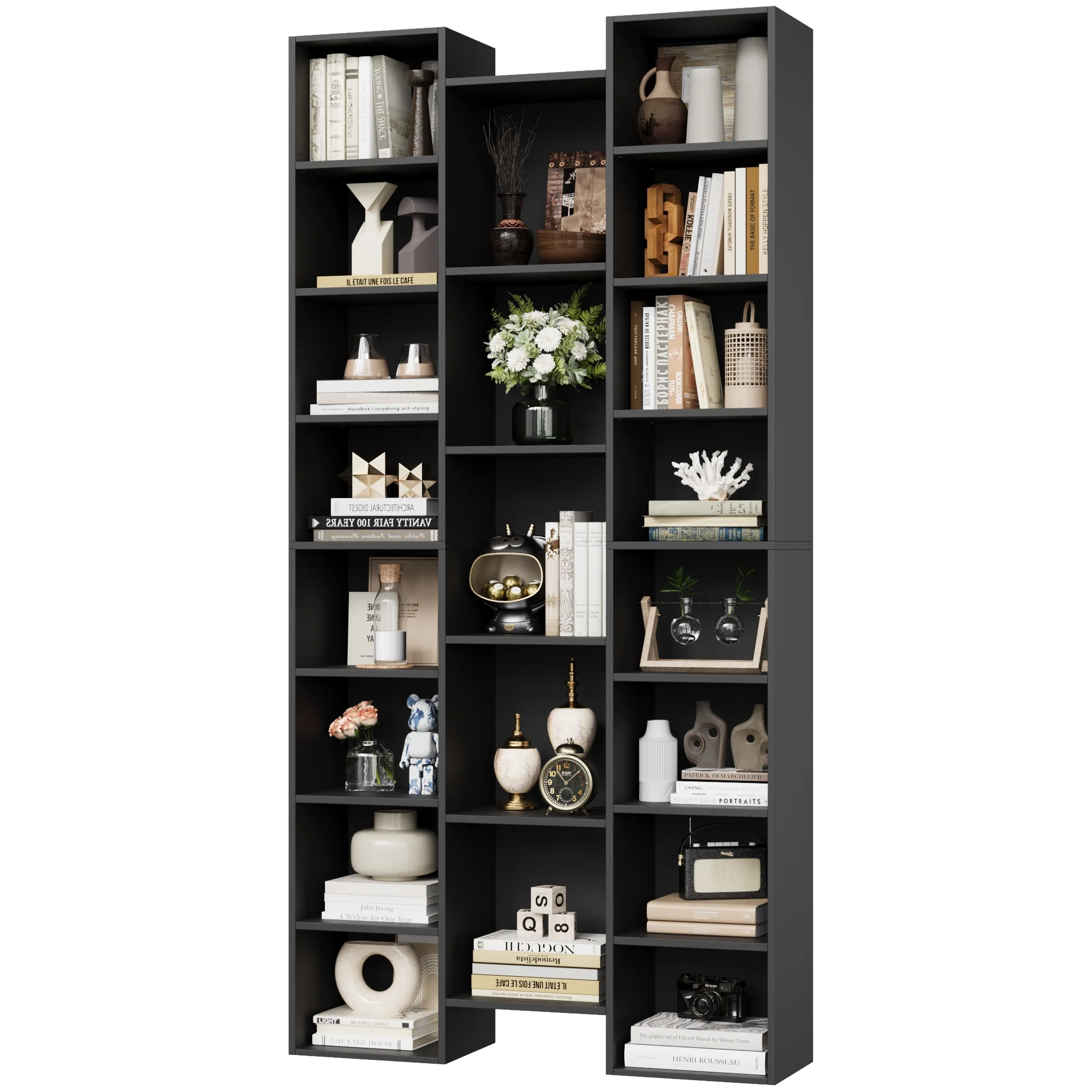 Homfa 21-Cube Bookcase and Bookshelves with Adjustable Shelves, Triple Width Open CD Display Storage Rack, Black