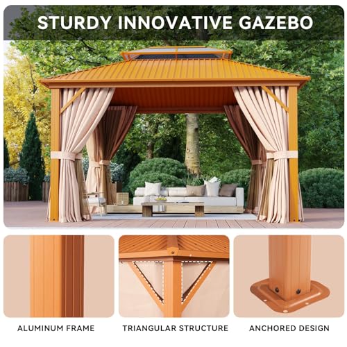 Aoxun 12'x10' Hardtop Gazebo, Aluminum Frame Permanent Pavilion with Curtains and Netting, Outdoor Polycarbonate Double Roof Canopy
