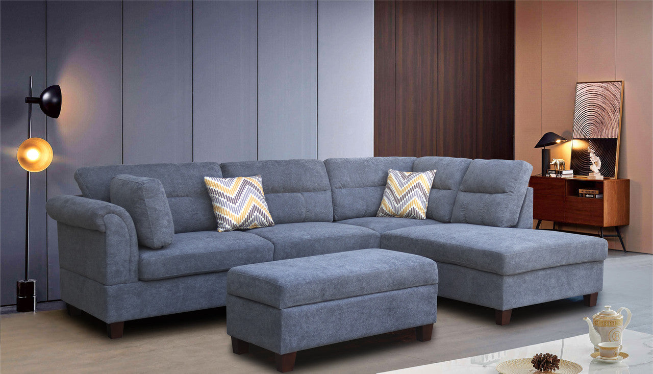 Diego Fabric Sectional Sofa with Ottoman and 2  Pillows Gray