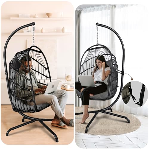 Chihee Egg Chair Foldable Wicker Rattan Hanging Chair Swing Chair Indoor Outdoor Patio Wicker Chair Hammock Chair with Stainless Steel Hanging Kit