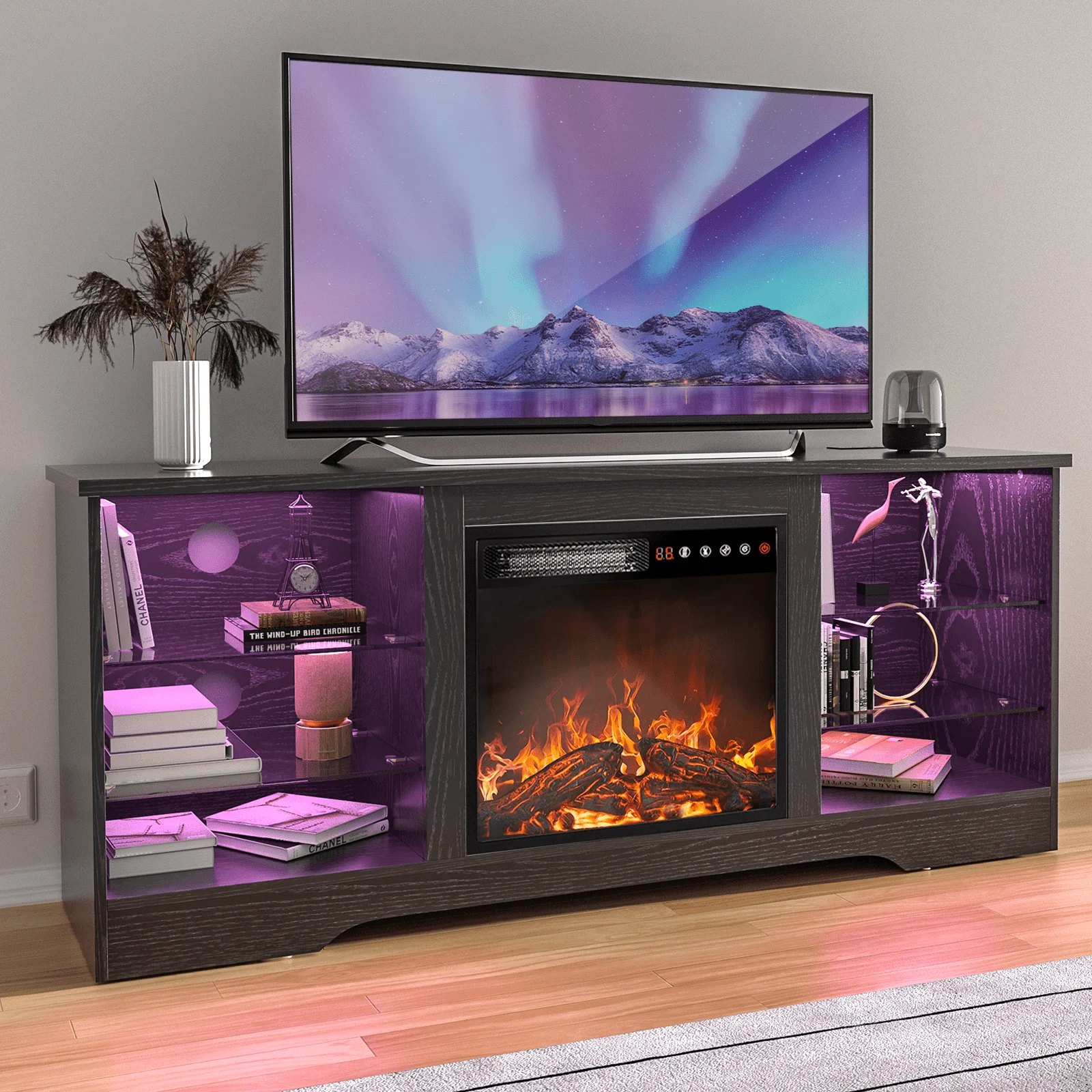 Waleaf Fireplace TV Stand with 18'' Fireplace for TVs up to 65 inch, Two Adjustable Glass Shelves