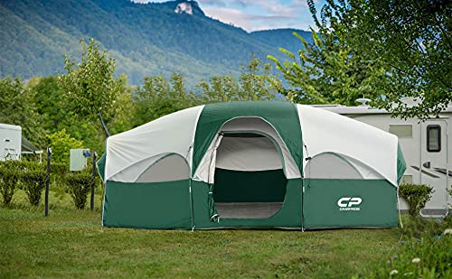 CAMPROS CP Tent 8 Person Camping Tents, Weather Resistant Family Tent, 5 Large Mesh Windows, Double Layer, Divided Curtain for Separated Room