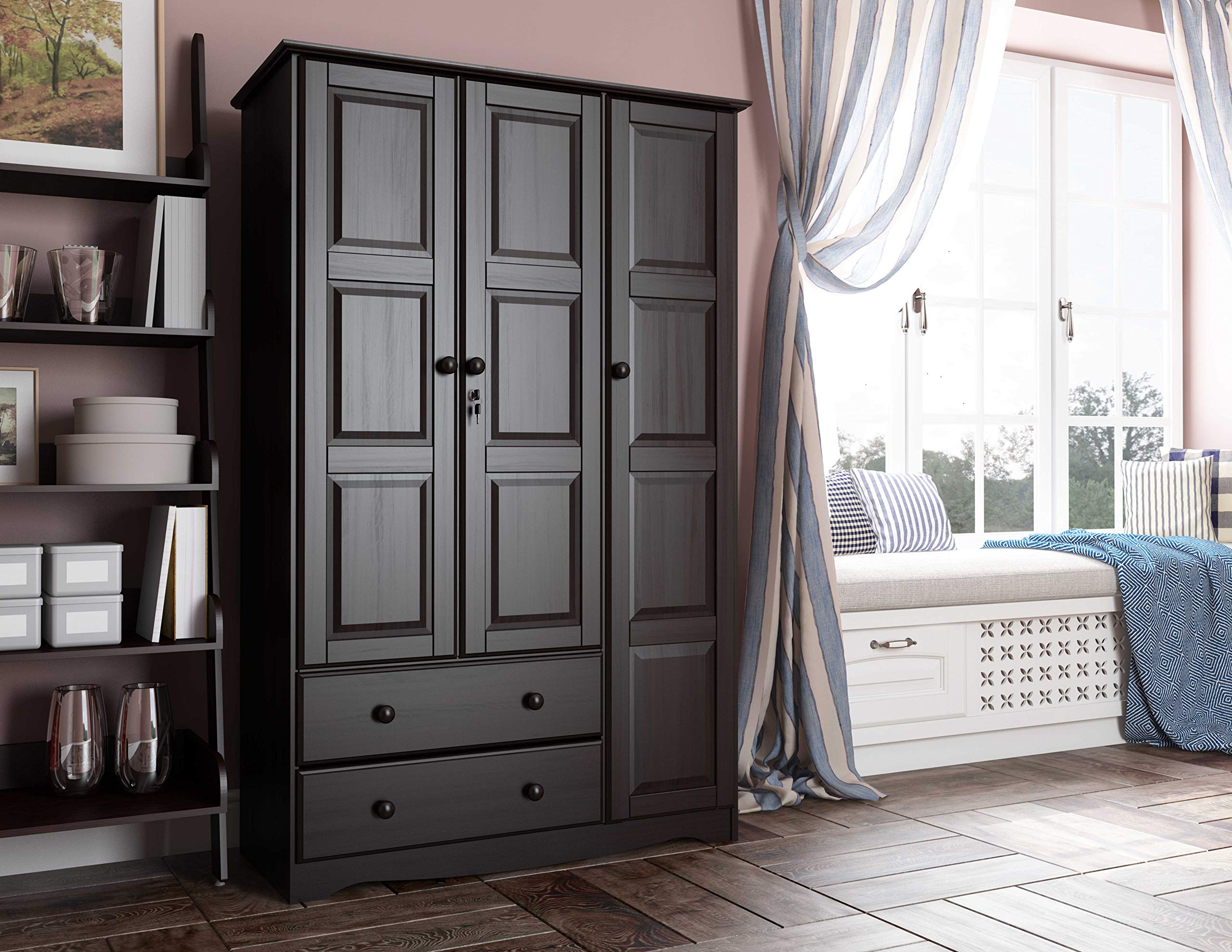 【Furniture】100% Solid Wood Grand Wardrobe/Armoire, 46" x72"x21", with 4 Shelves, 1 Clothing Rod, 2 Drawers, 1 Lock