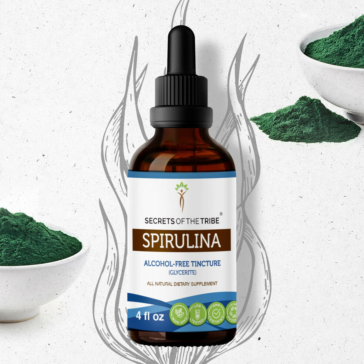 Spirulina Tincture Alcohol-FREE Extract, Organic Arthrospira Platensis Healthy Cholesterol Levels and Strong Cardiovascular Function 4 oz