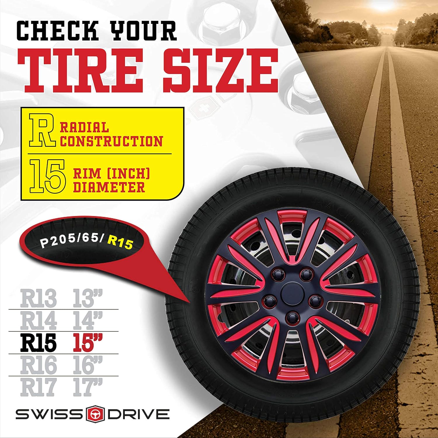 Swiss Drive HubCap 16-Inch Red Black Set of 4- Luxurious Red and Black Design – Durable and Reliable
