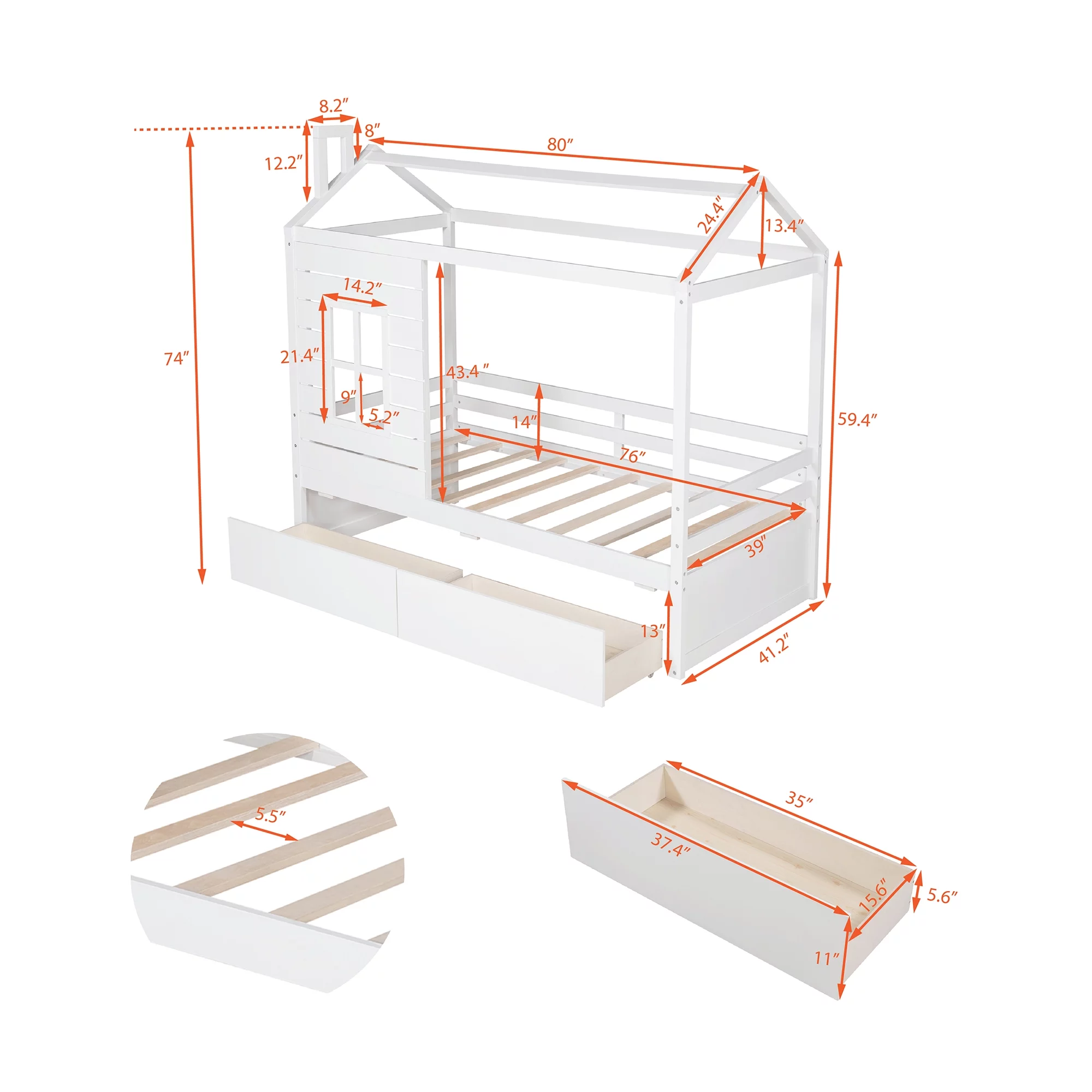 Bellemave Twin Size House Bed with Drawers Kids Bed with Storage Wooden Bed Frame with Guard Rails Twin Kids Bed Frame for Boys, Girls, White