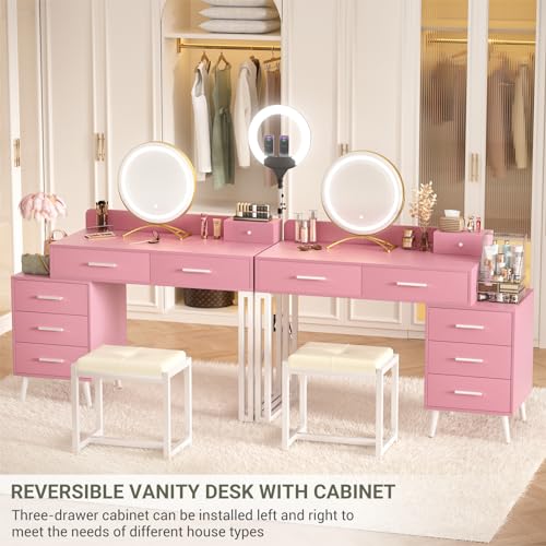 White Vanity Desk with Mirror and Lights, Modern Makeup Vanity Table Set with 6 Storage Drawers and Cushioned Stool for Bedroom