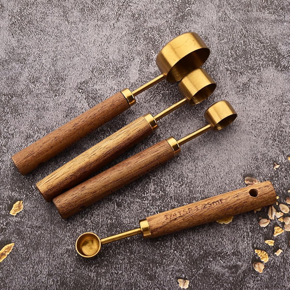8 pieces Golden Measuring Cups Set and Measuring Spoons Set with Scale, Wooden Handle Stainless Steel Dry &amp