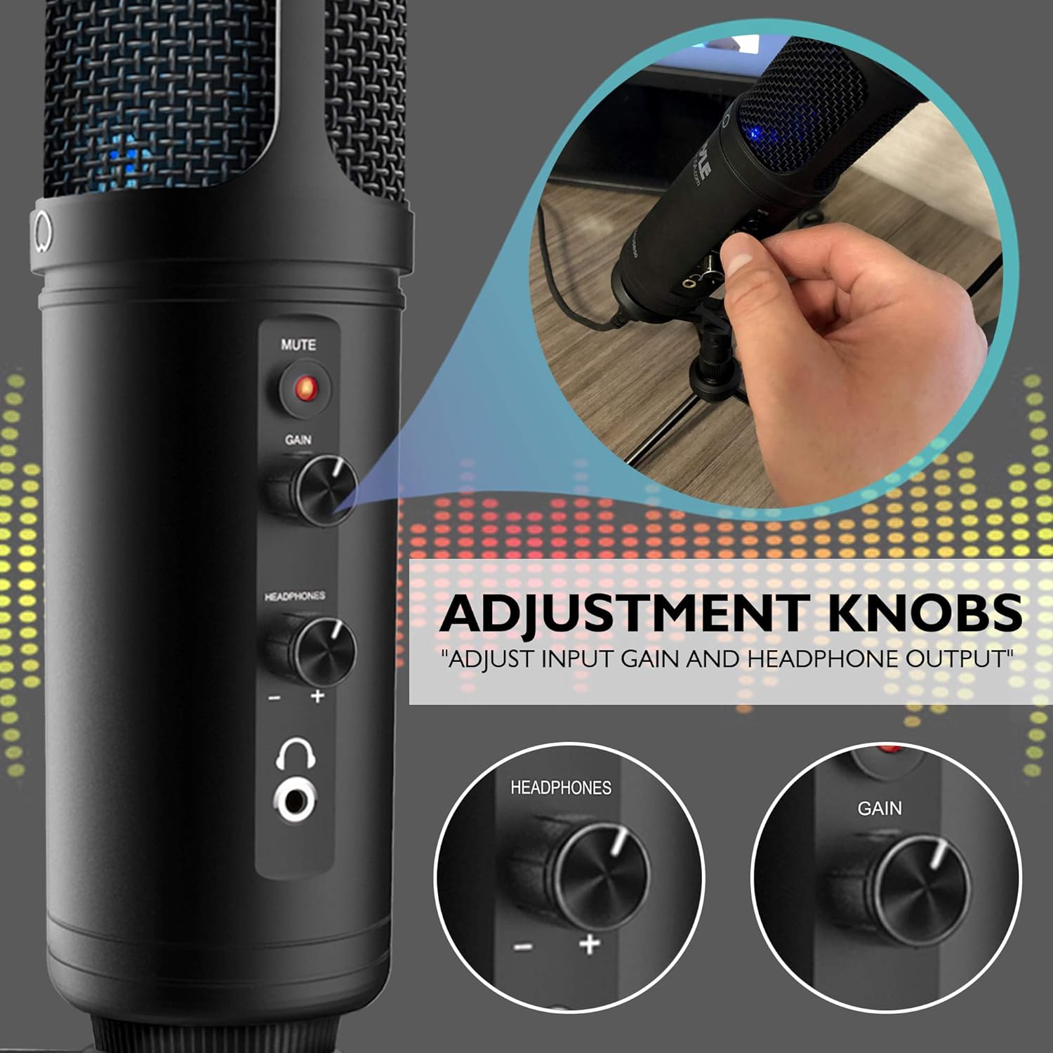 USB PC Recording Condenser Microphone - Blue LED, Adjustable Gain, Headphone Jack, Mute Control, Tripod Stand